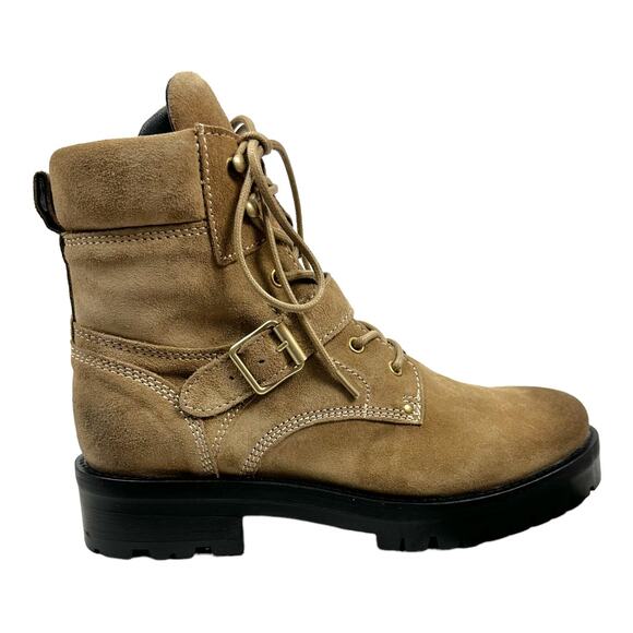 All Saints Paulina tan suede buckle moto boots size 8 gorpcore combat - Picture 1 of 10